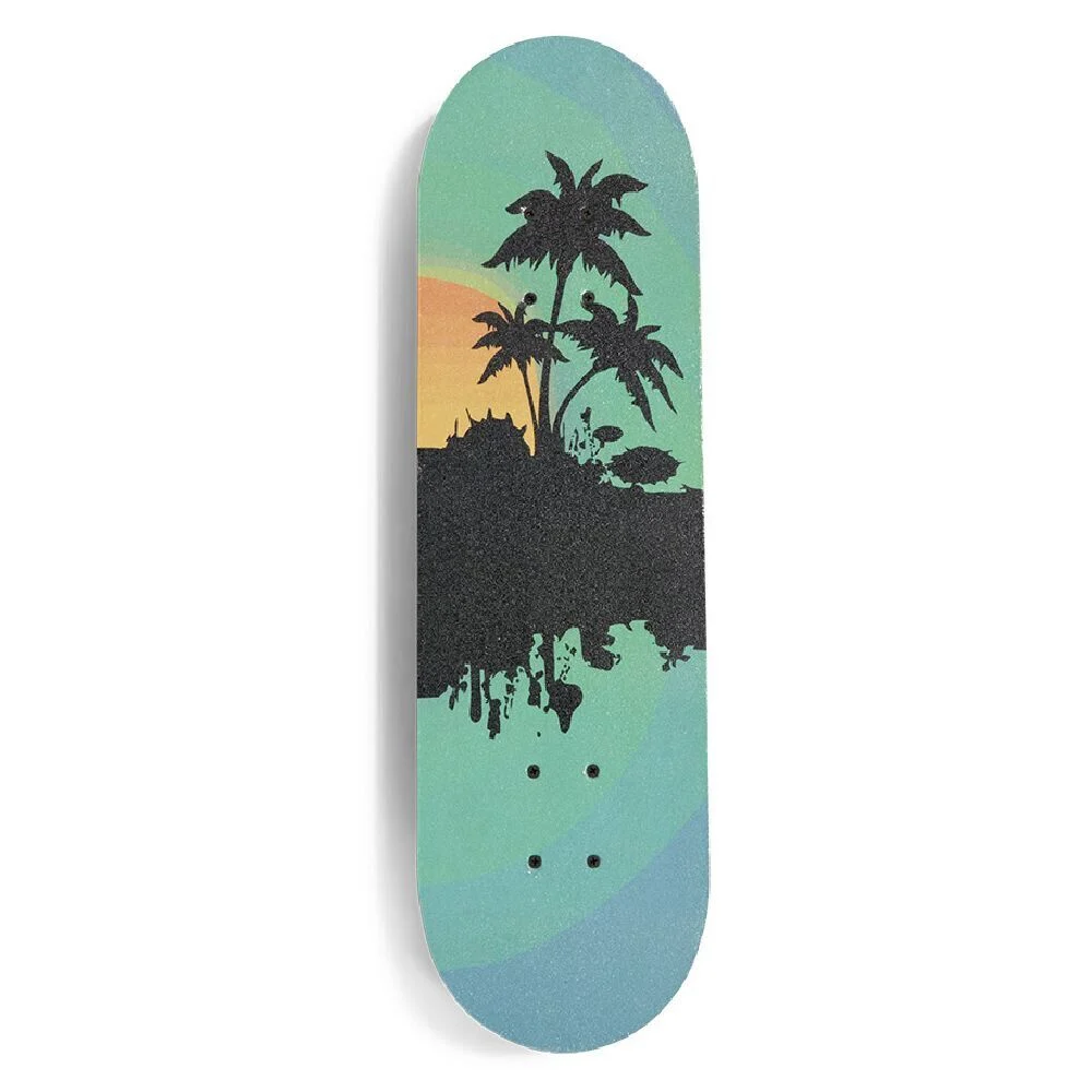 Skateboard 28 pouces coucher de soleil orange noir bleu