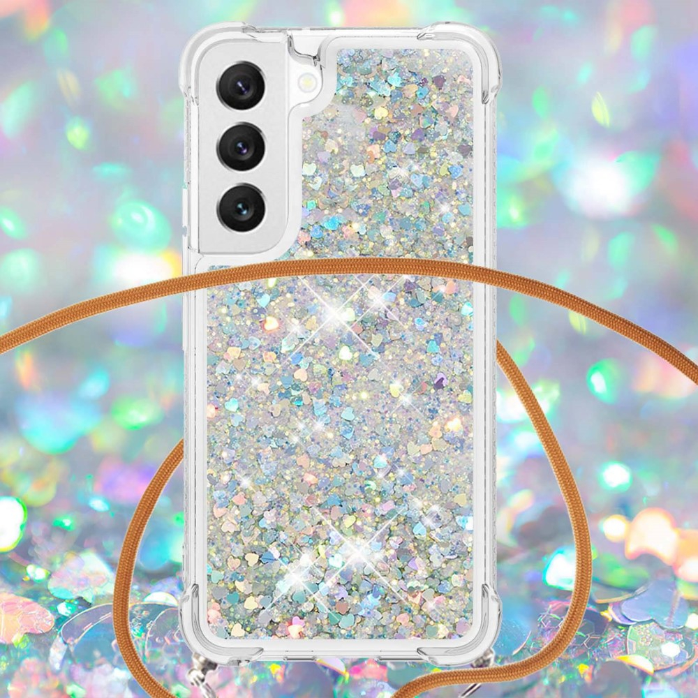 Samsung Galaxy S23 5G Necklace Gummi Hülle Liquid Glitzer   Handykette (130cm) - Braun / Silber