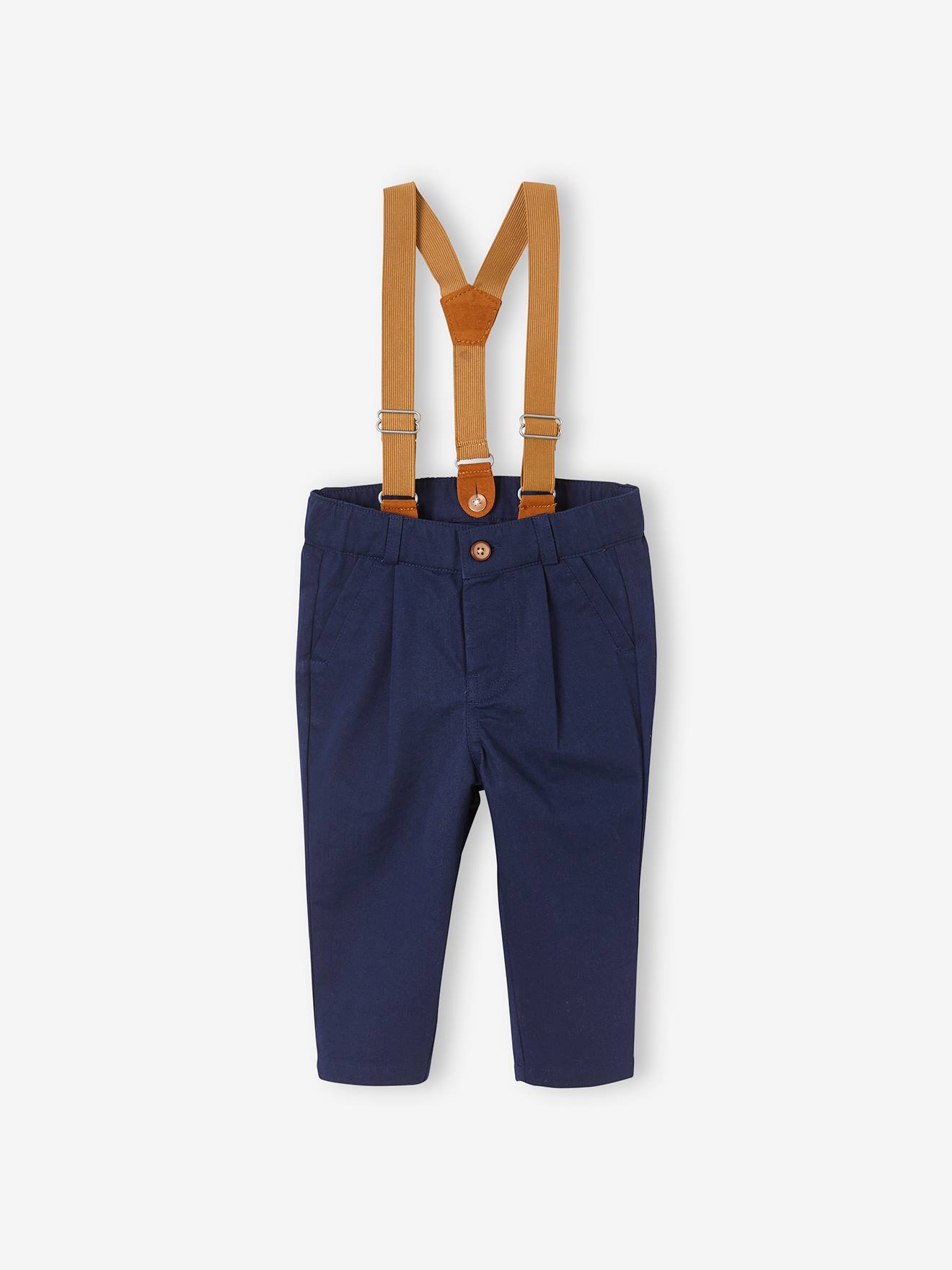 Conjunto para bebê: camisa + calça com suspensórios + gravata borboleta (cor natural)