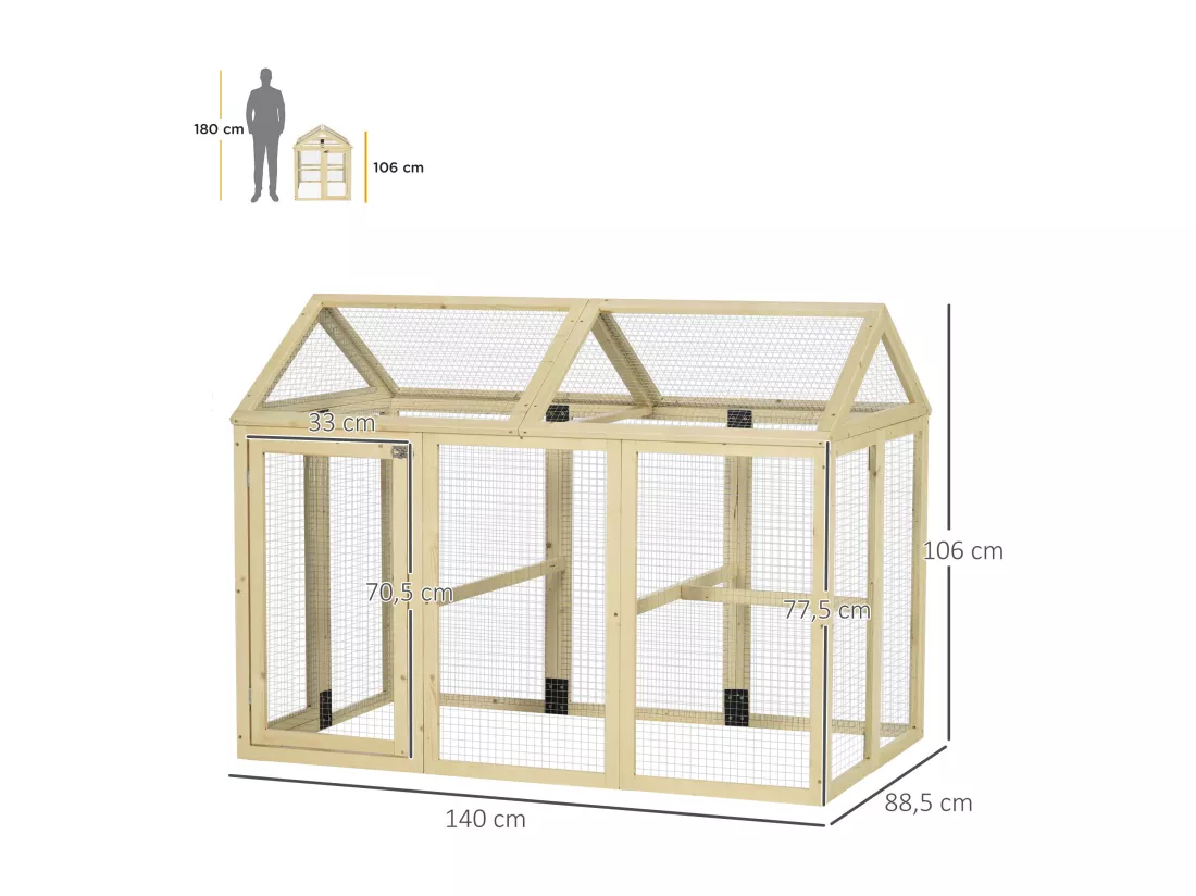 Enclos poulailler chenil 1,23 m² - parc grillagé dim 140L x 88,5l x 106H cm - 2 portes verrouillables - bois sapin