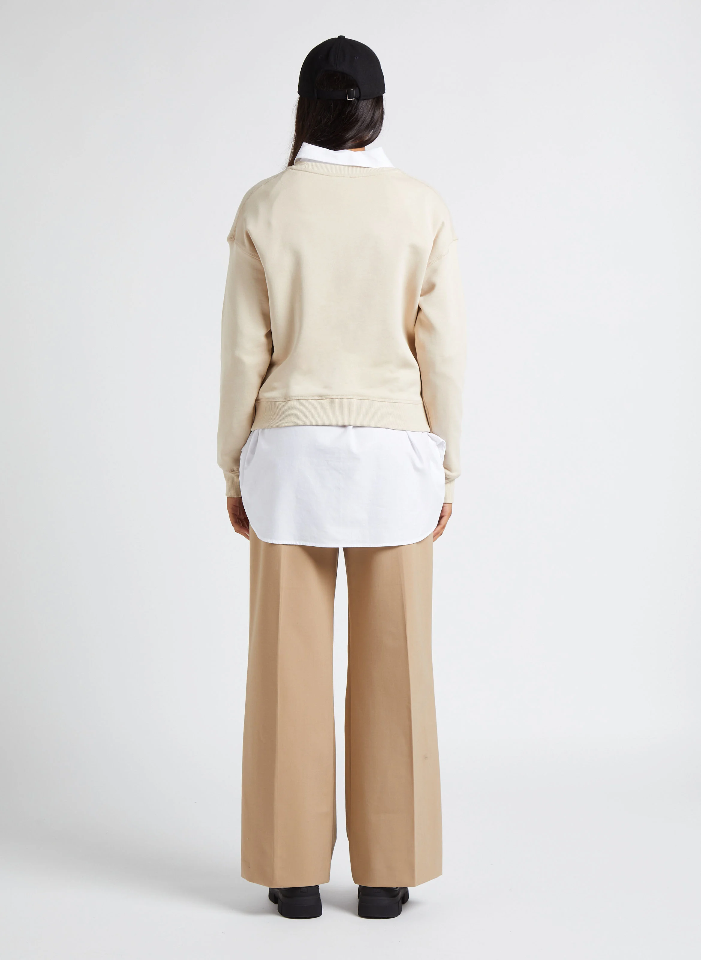 Sweat col rond brodé en coton| Beige