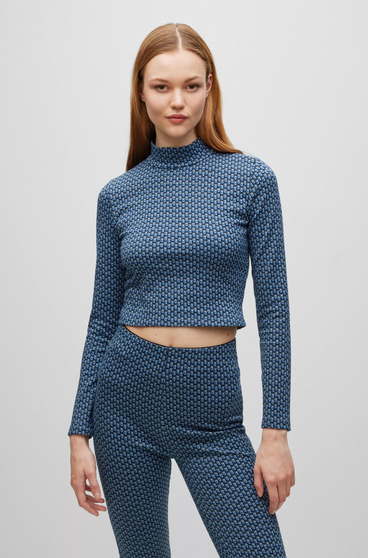 Blusa HUGO vermelha de gola alta em jacquard geométrico de mistura de algodão.