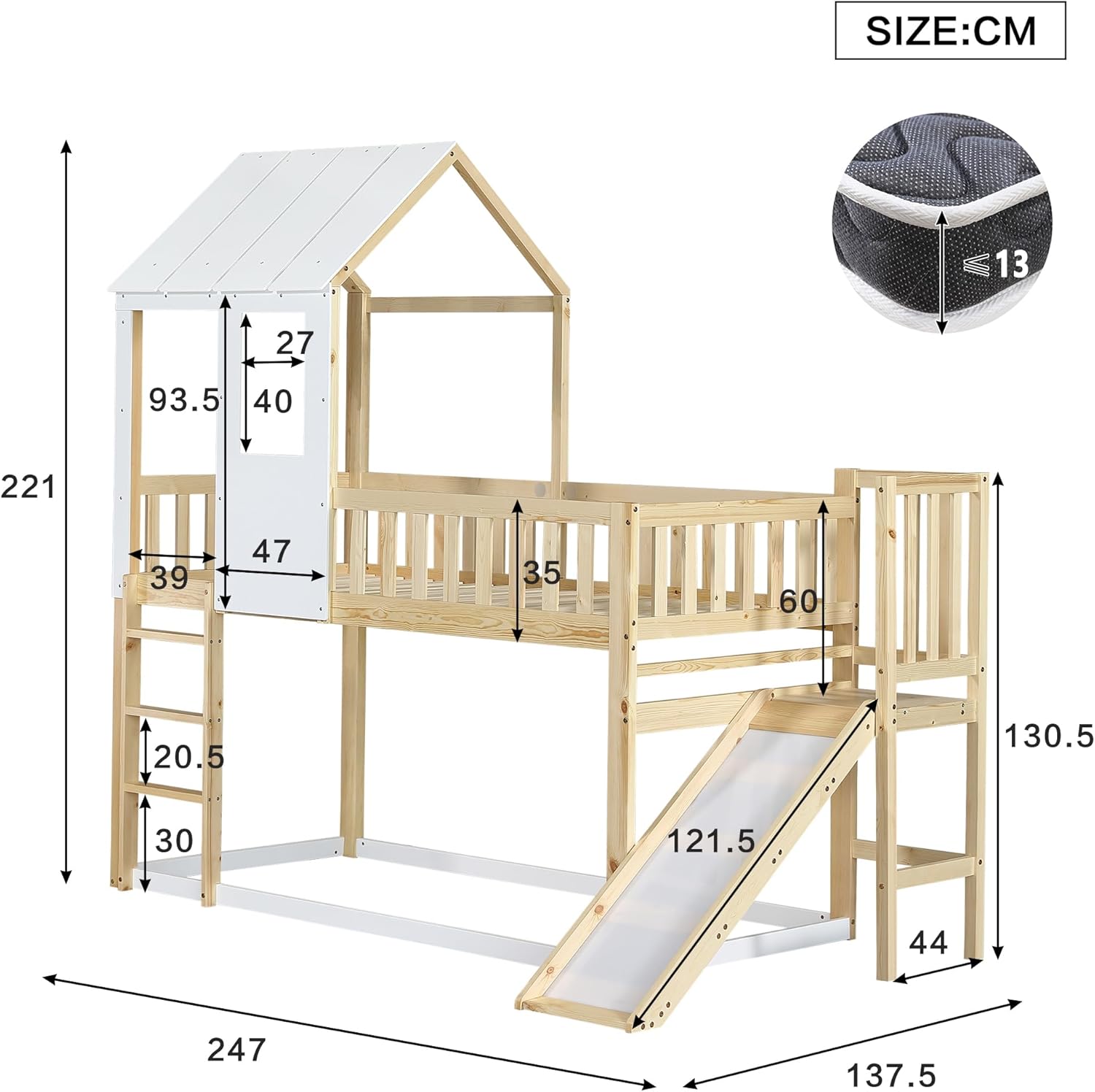 Moimhear Etagenbett mit rechtwinkliger Leiter und Rutsche, Hausbett mit Dach und Fenster, Kinderbett mit Fallschutz und Gitter, Rahmen aus Kiefer, Natur+Weiß (90x200cm)