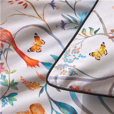 Linge de lit percale imprimé fleurs et oiseaux - BECQUET CRÉATION