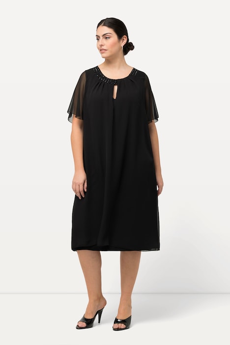 Chiffonkleid, Schmucksteine, A-Linie, Rundhals, Halbarm
