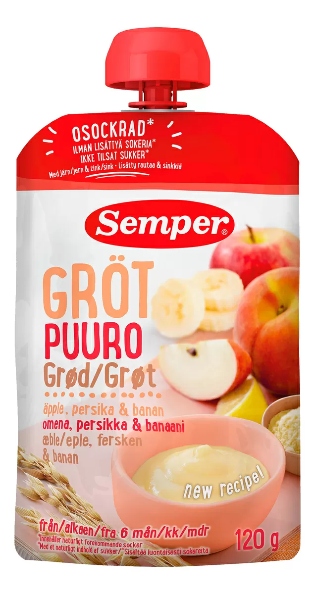 Semper Frugtgrød m. Æble, Fersken & Banan 6 mdr. - 120 g.
