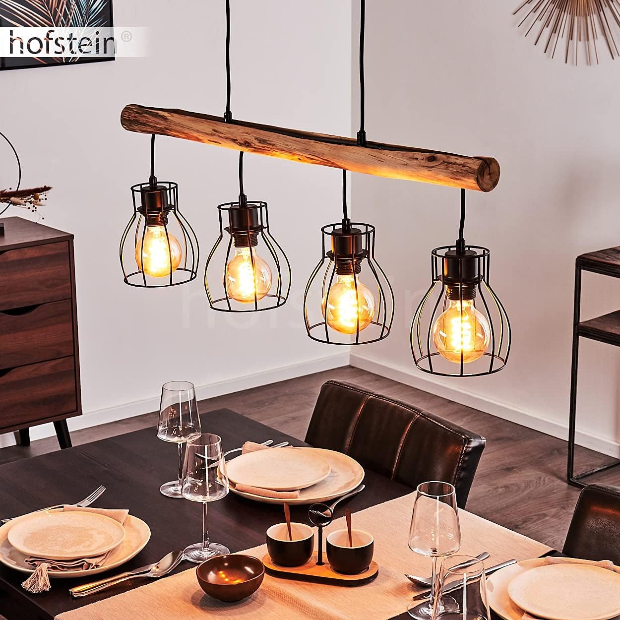 HOFSTEIN Pendelleuchte Gondo, Hängelampe aus Metall/Holz in Schwarz/Braun, 4-flammig aus Naturholz und schwarzem Metall, gitterförmige Lampenschirme, Höhe bis max. 138 cm, Küche, Wohnzimmer, Esszimmer