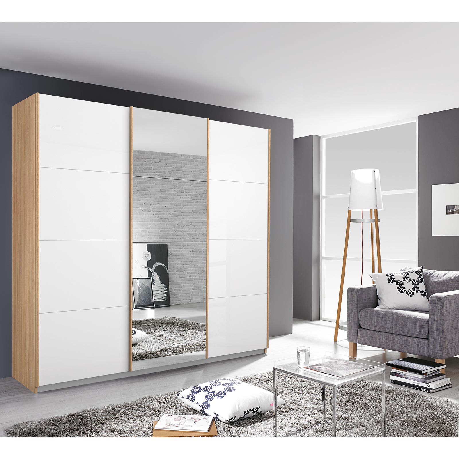 Schwebetürenschrank - weiß Hochglanz - Eiche Sonoma - mit Spiegel - 203x210 cm