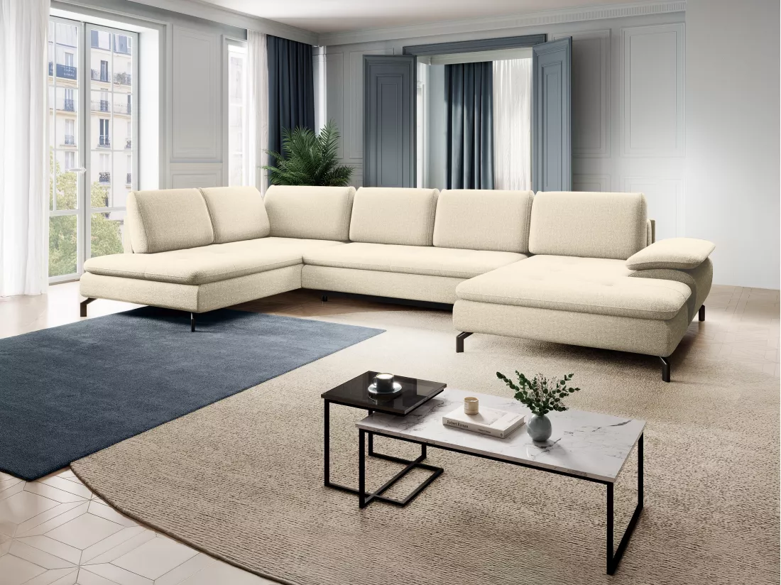 Grand canapé d'angle gauche panoramique convertible en tissu texturé beige ARCHIBALD