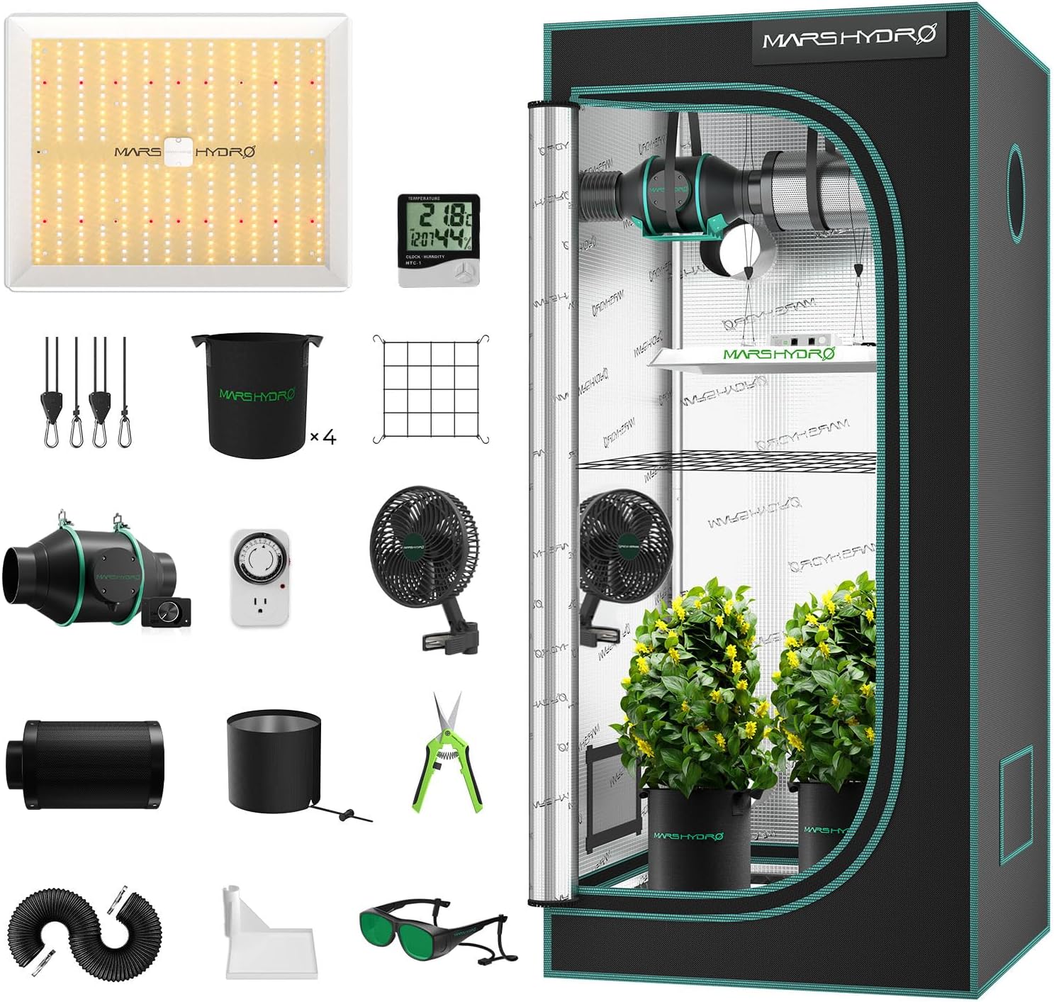 Mars Hydro Growzelt Komplettset,TS1000 Dimmbar Grow Lampe,80X80X160cm1680D Hoch Reflektierend Mylar Grow Box Komplettset,mit 4