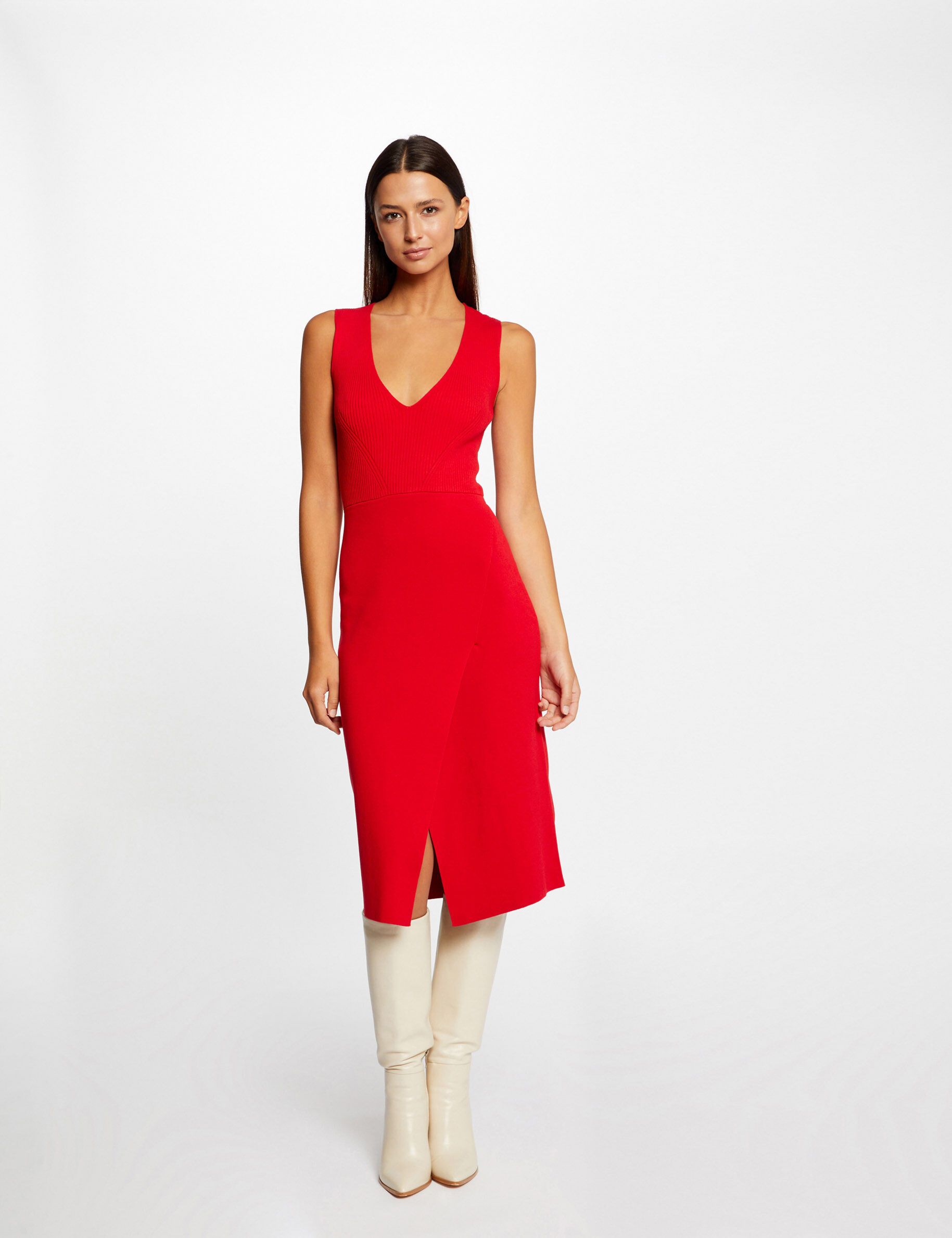 Robe pull midi ajustée col en V rouge femme - rouge