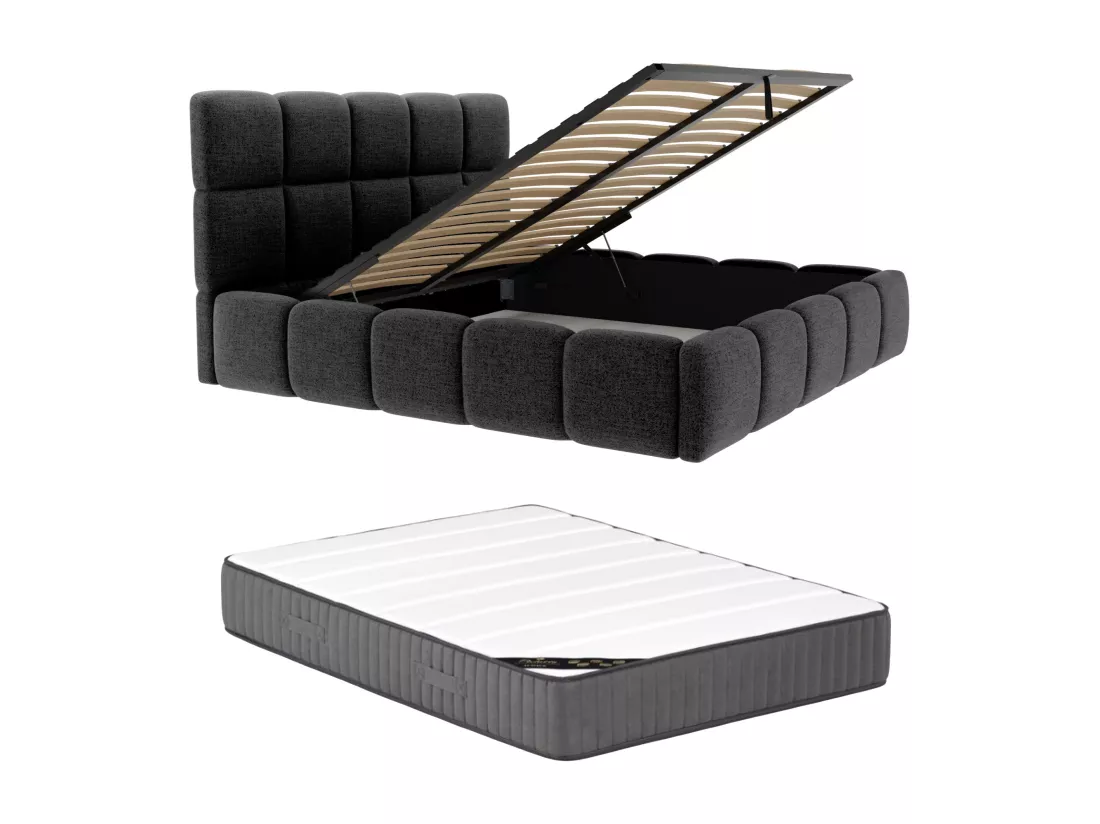 Lit coffre 200 x 200 cm - Tissu texturé - Noir + Matelas - DAMADO de Pascal Morabito