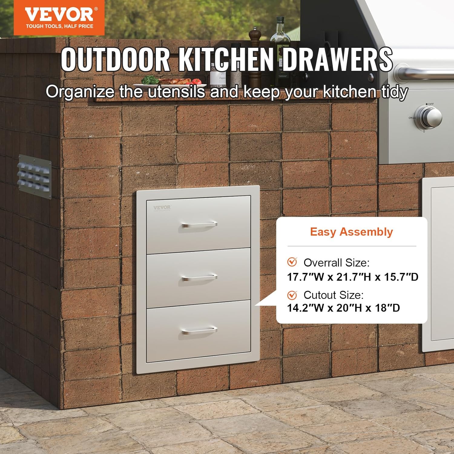 VEVOR Outdoor-Küchenschubladen flächenbündig montierte Grillschubladen mit dreifachem Zugriff und Edelstahlgriff, Grillinselschubladen für Außenküchen oder Grillinsel-Terrasse 400 x 450 x 450 mm