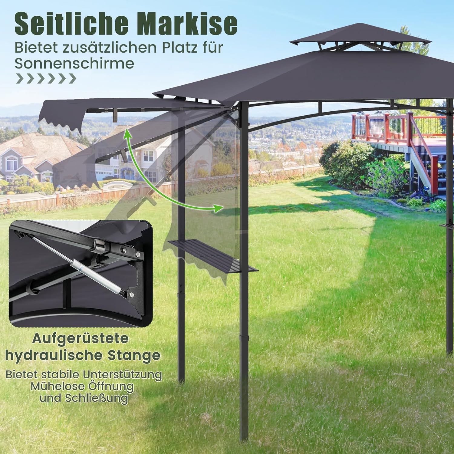 COSTWAY Grillpavillon mit Seitenmarkise, Doppeldach, 2 Seitenregalen & Haken, Gartenpavillon BBQ Pavillon, Grillüberdachungen wetterfest, Grillunterstand Garten Partys, 318x153x250 cm (Dunkelgrau)