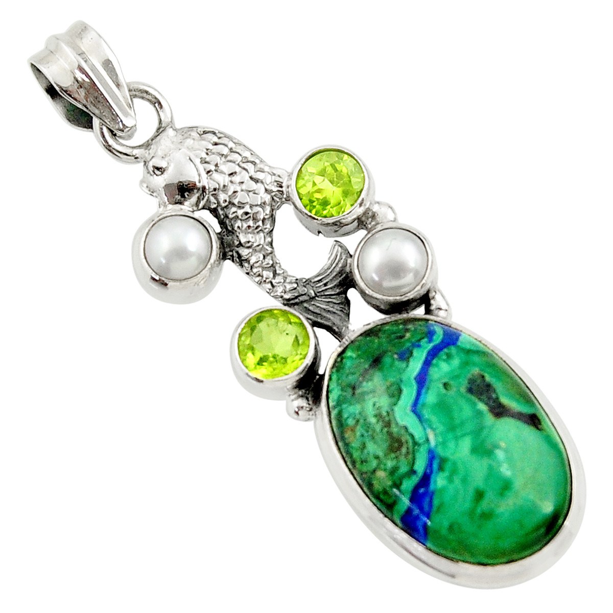 Pendentif en argent serti d'une azurite malachite ovale poisson + chaine 4cm gxi131