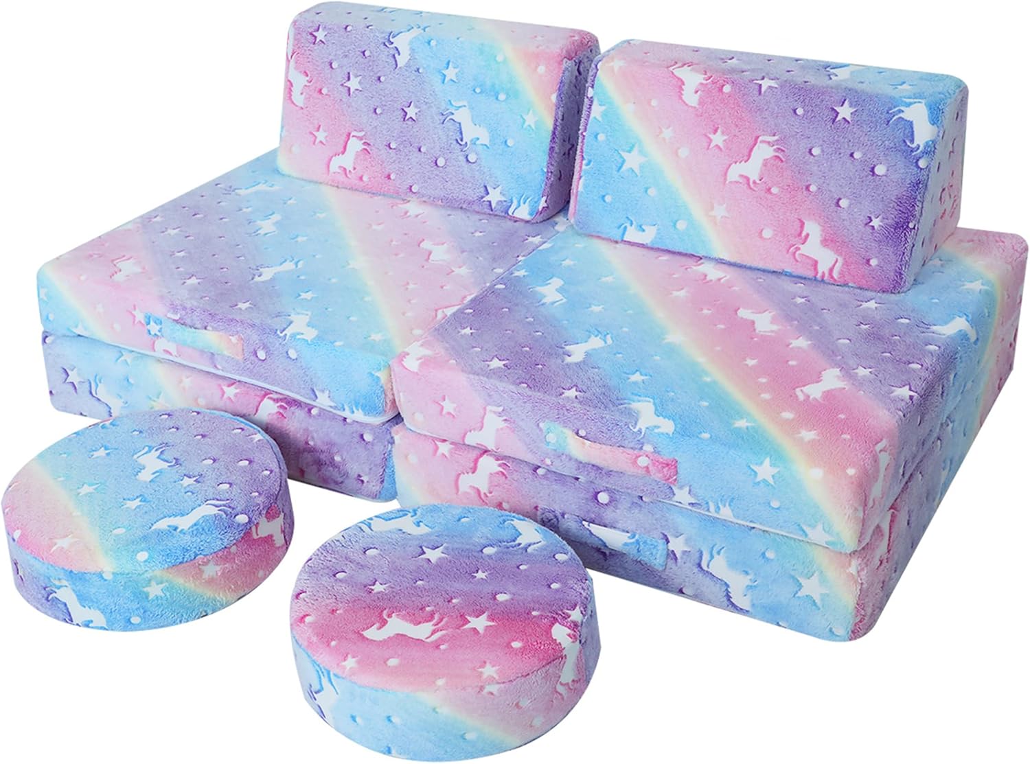 MeMoreCool Spielsofa für Kinder, Modulares Sessel Couch für Kuschelecke Kinderzimmer, Schlafsofa, 8-teiliges Sofa Spielset, Schaumstoff Sofa Bed mit Schlaffunktion für Mädchen Jungen, Regenbogen