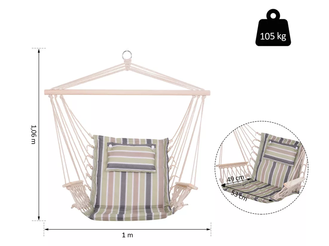 Chaise suspendue hamac de voyage respirant portable dim. 100L x 49l x 106H cm coton macramé polyester multicolore rayé
