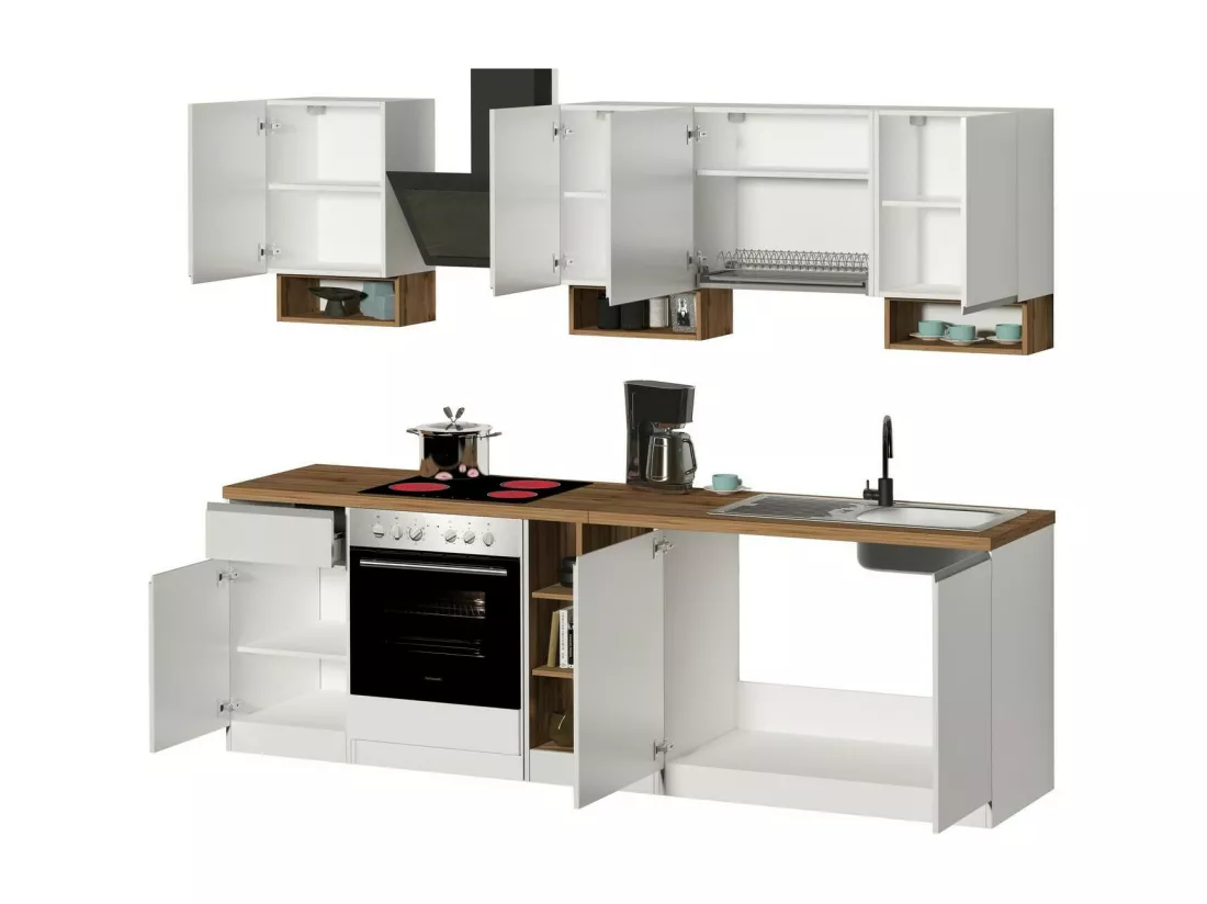 Cuisine complète Dcelient, Ensemble avec garde-manger, Meuble de kitchenette, Kit bloc linéaire, 100% Made in Italy, 255x60h85 cm, Blanc brillant et chêne