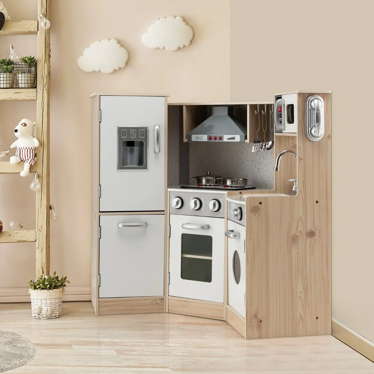 Cuisine Enfants en Bois XXL Angle 105 x 49 x 85 cm ( L x l x H ) Cuisine Complet avec Four Lave Linge 3 An+