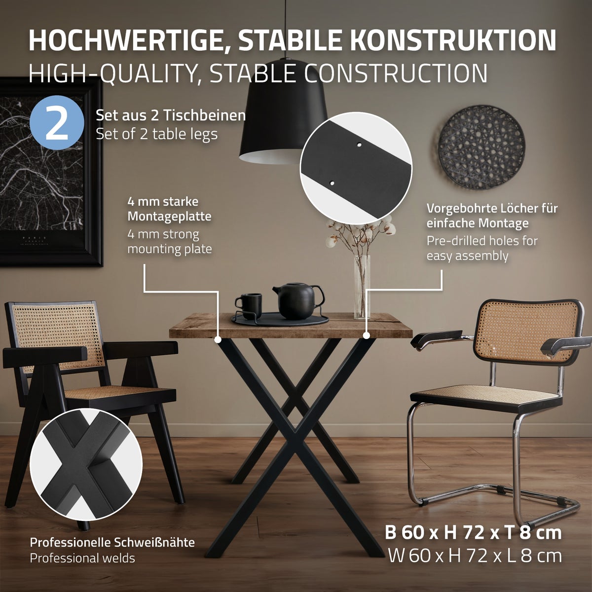ECD Germany 2x Tafelpoten X-Design X-vorm, 60 x 72 cm, Zwart, Gepoedercoat Staal, Industrieel Design, Metalen Tafelsleden, Tafelonderstel, Tafelframe, Meubelpoten, voor Eettafel en Bureau