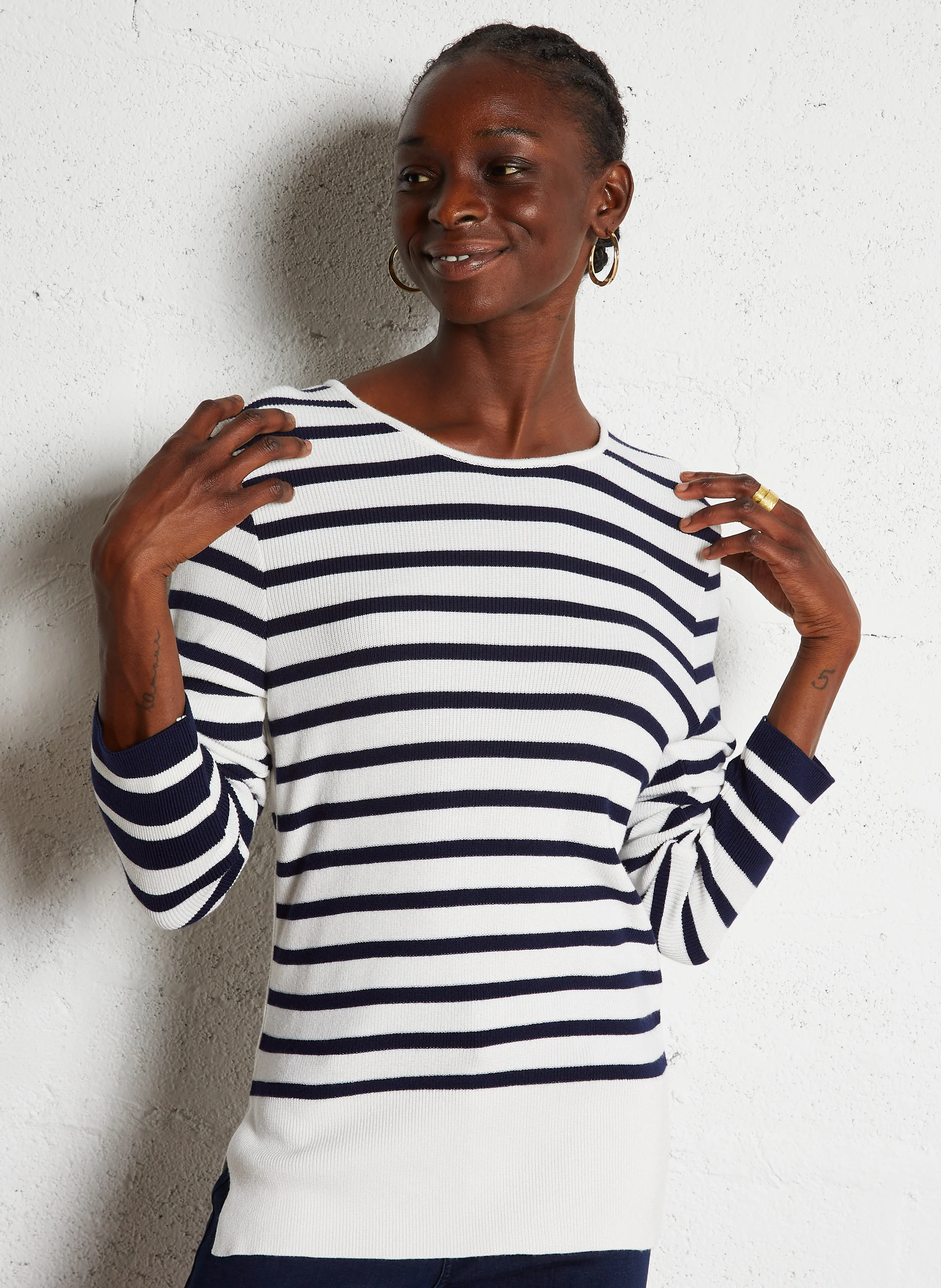 Pull marinière tricot avec badge | Bleu