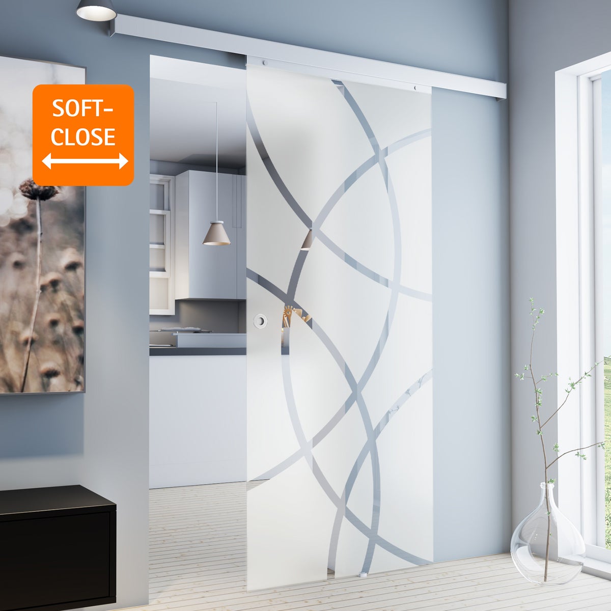 Glazen schuifdeur met cirkels, 1025 x 2200 mm, binnendeur, glazen schuifdeursysteem - verzonken handgreep + 2-zijdige softclose