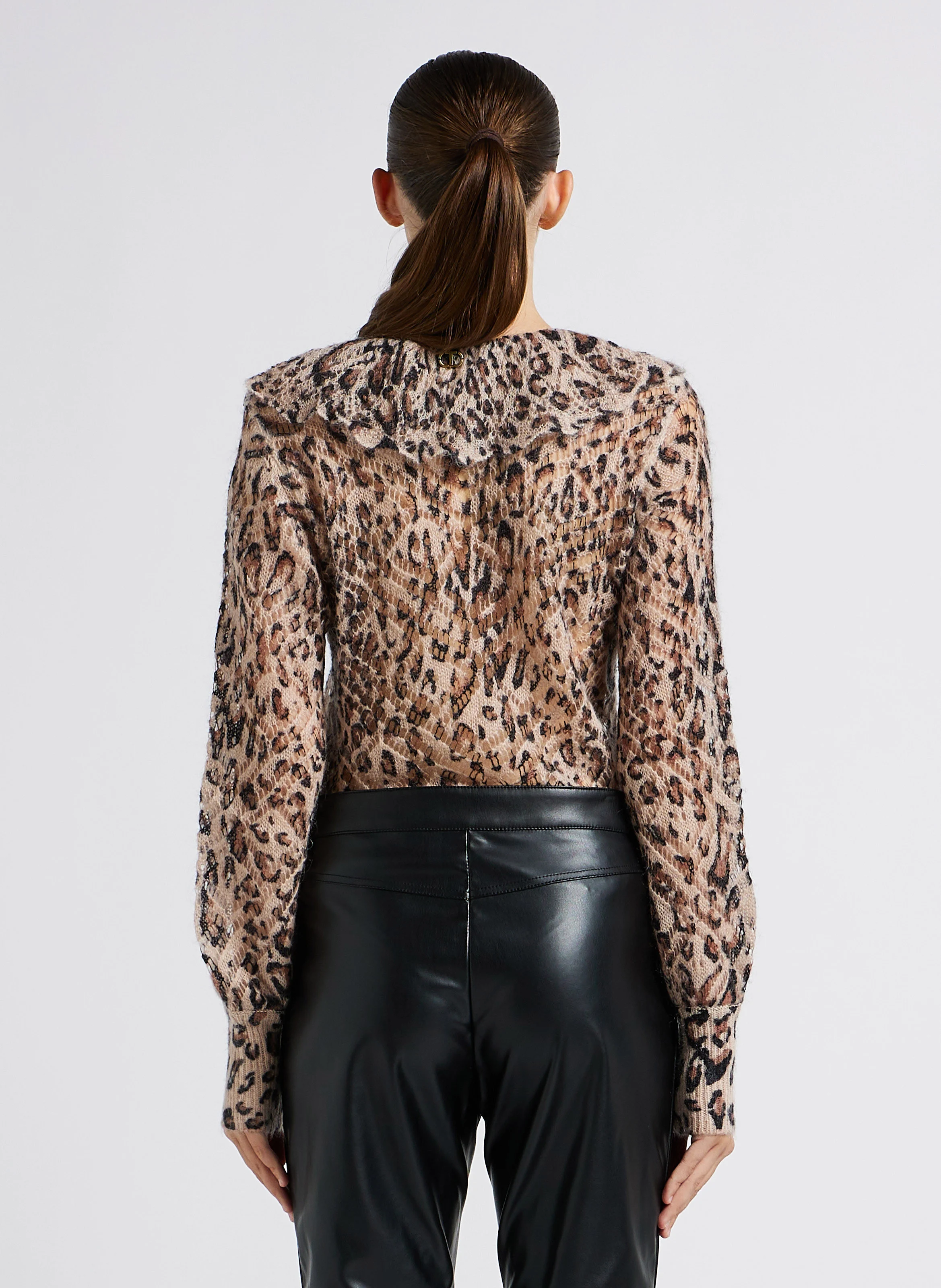 Pull col rond imprimé léopard| Marron