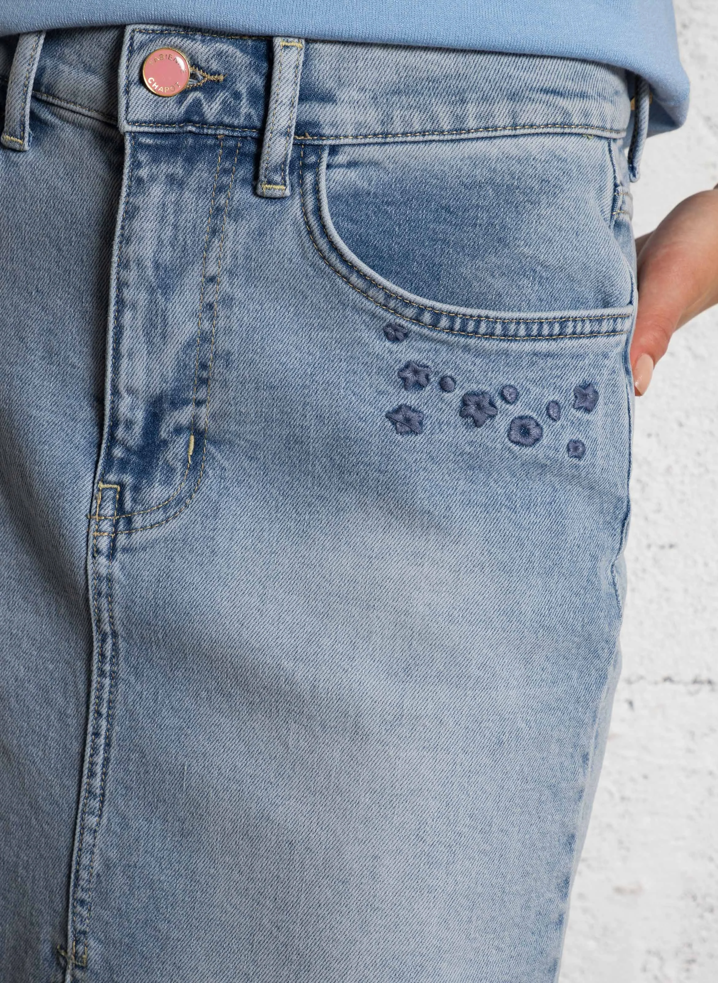 CARLYNE - Jupe midi droite en jean | Bleu
