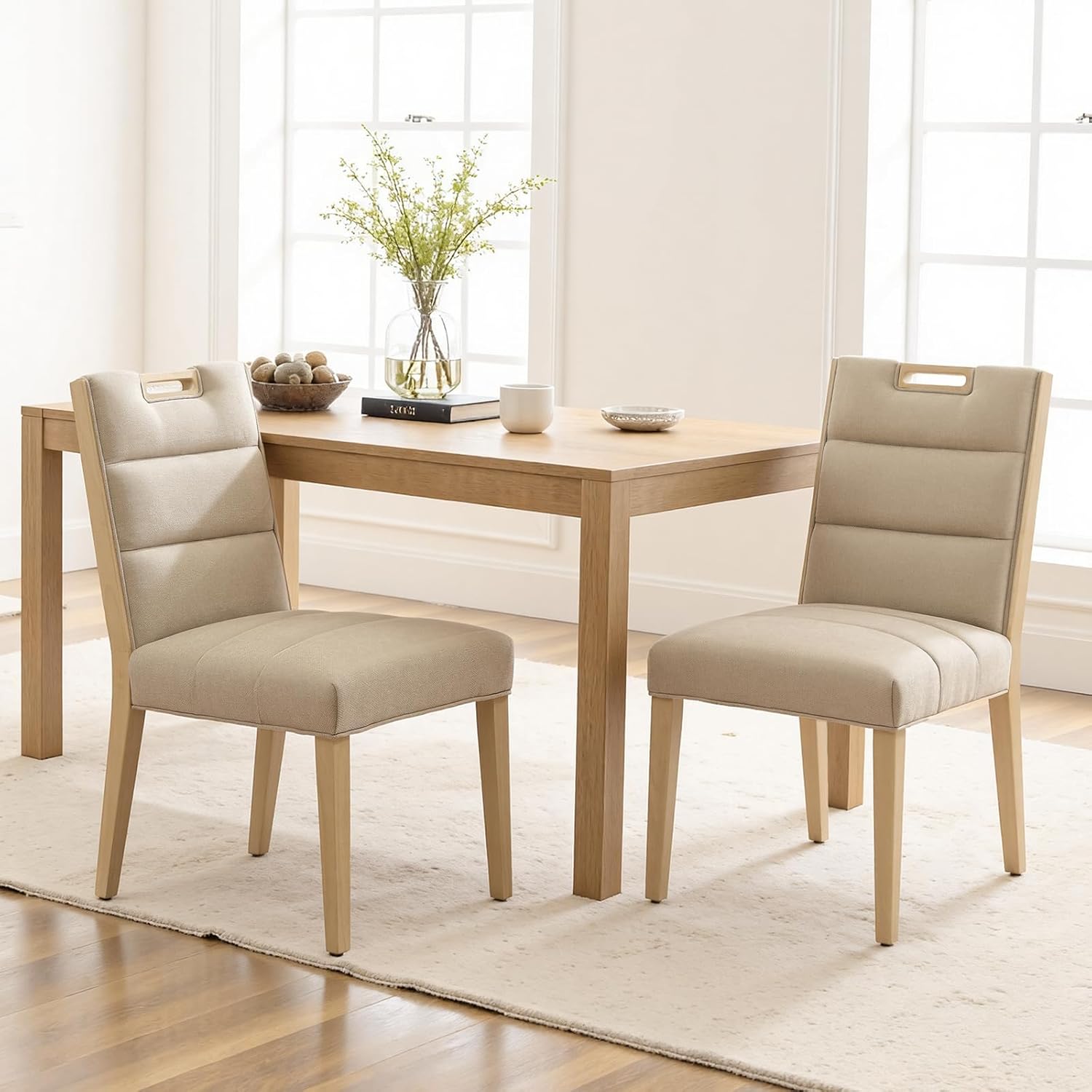 Esszimmerstühle 2er Set Chenille Polsterstuhl mit Holzbeinen Moderne Küchenstühle mit Oberer Griff für Esszimmer/Restaurant, Beige