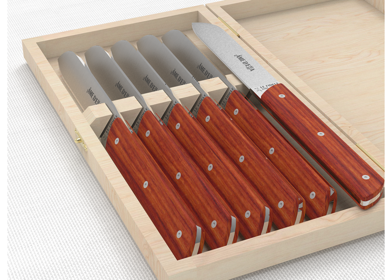 Service de 6 couteaux de table avec un manche en bois de rose et lame en acier inoxydable