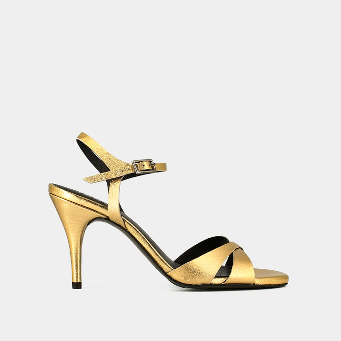Sandales à talons et bouts ronds  en cuir metallisé or