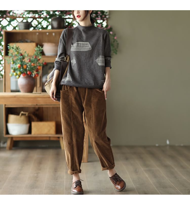 Katoen & Casual - Elastische taille, effen corduroy baggy broek