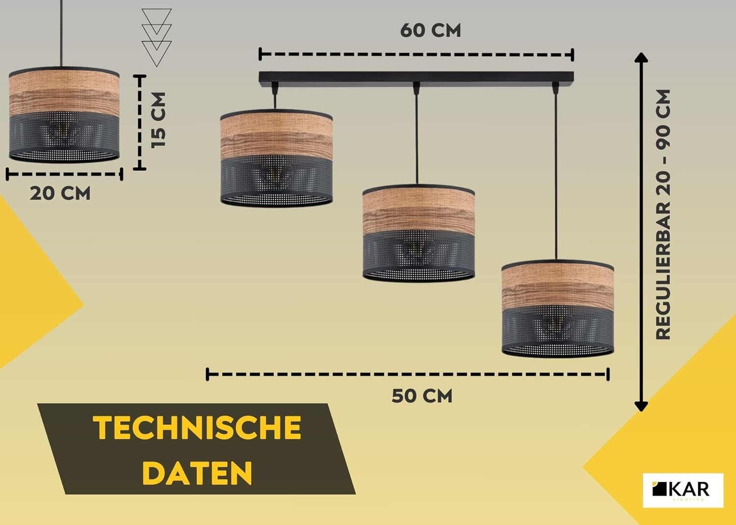 Pendelleuchte 3-flammig aus schwarzem Metall mit Holzoptik-Details (PVC), höhenverstellbar | E27 Fassung | LED geeignet | Hängelampe für Wohn-, Esszimmer, Küche, Büro