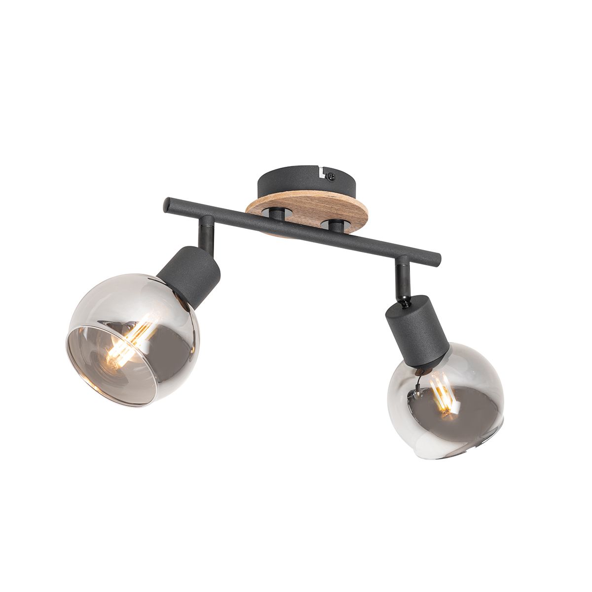 Plafondlamp zwart met smoke glas en hout 2-lichts - Vidro