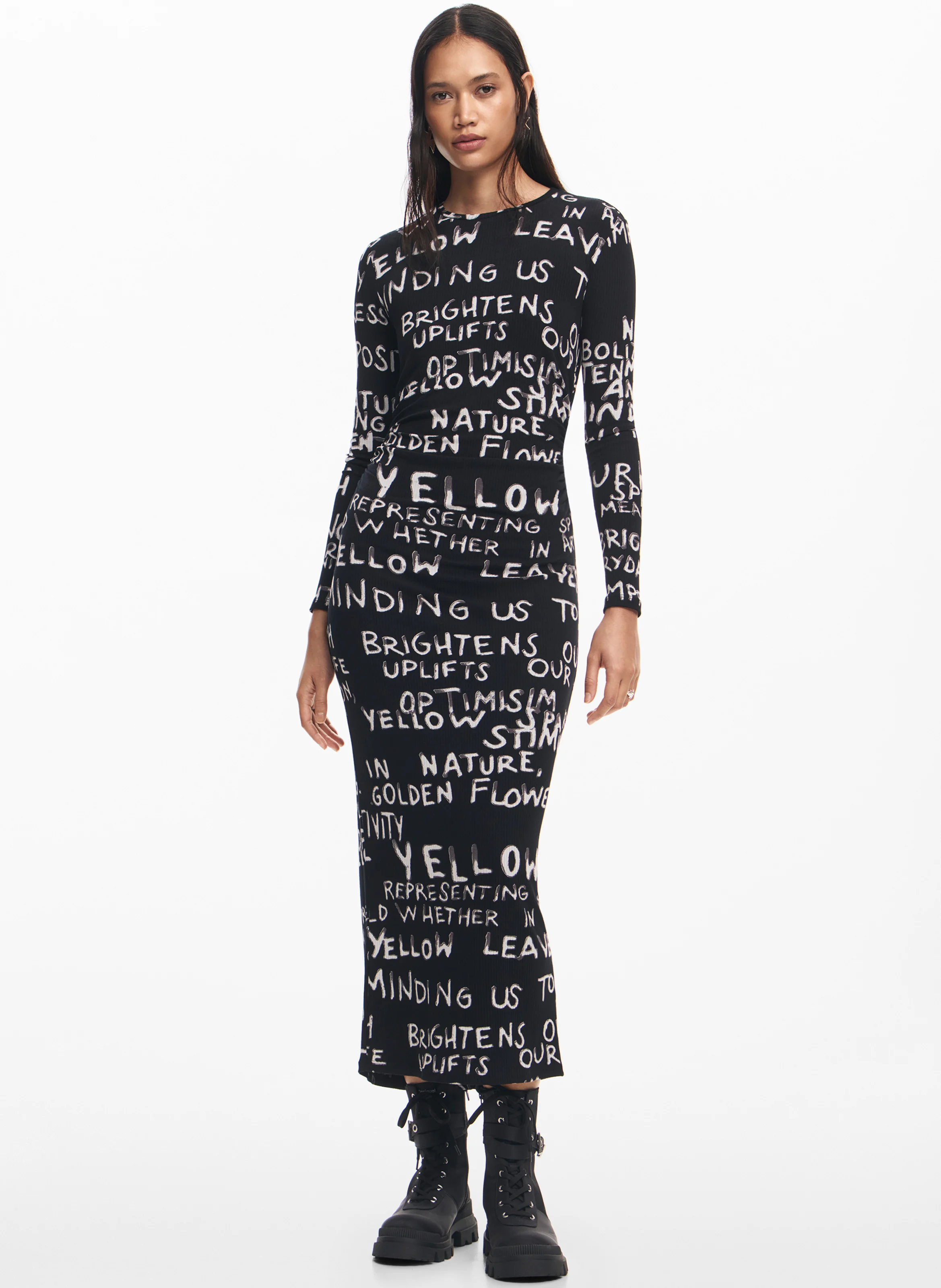 Robe longue col rond imprimée | Noir