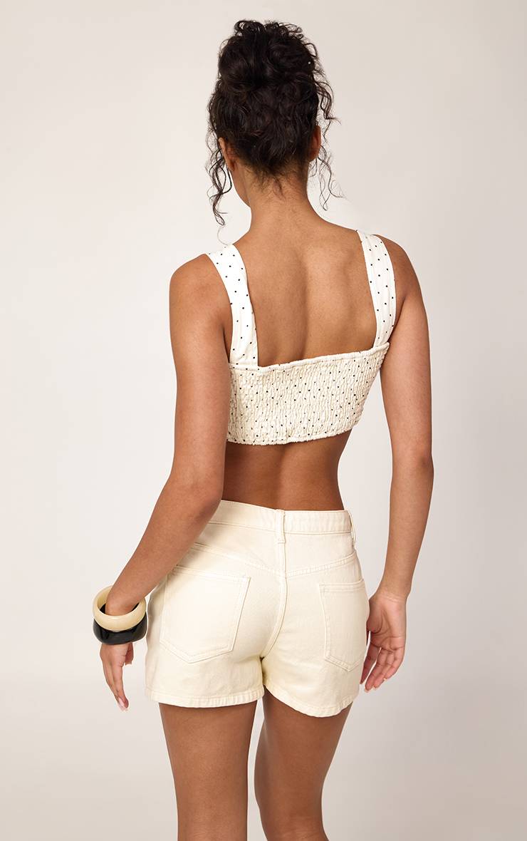 Crème Haut En Denim À Pois Avec Nœud Devant