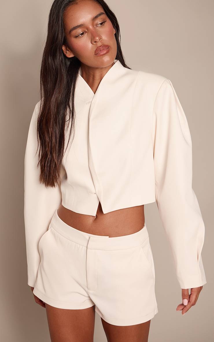 Crème Ensemble Coordonné Blazer Sans Col À Manches Cocon Ajusté