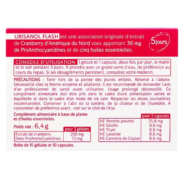 Naturactive Urisanol Flash Cranberry et 5 Huiles Essentielles 10 gélules et 10 capsules