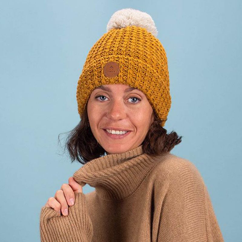 Bonnet avec 3 pompons interchangeables taille unique Bandista Mustard