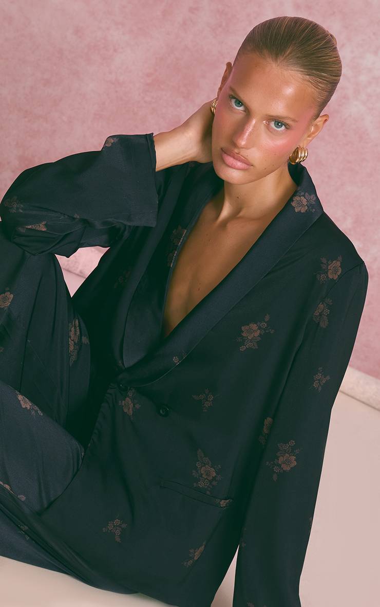 Bleu Marine Veste De Tailleur Coordonnée En Satin À Imprimé Fleuri Ditsy