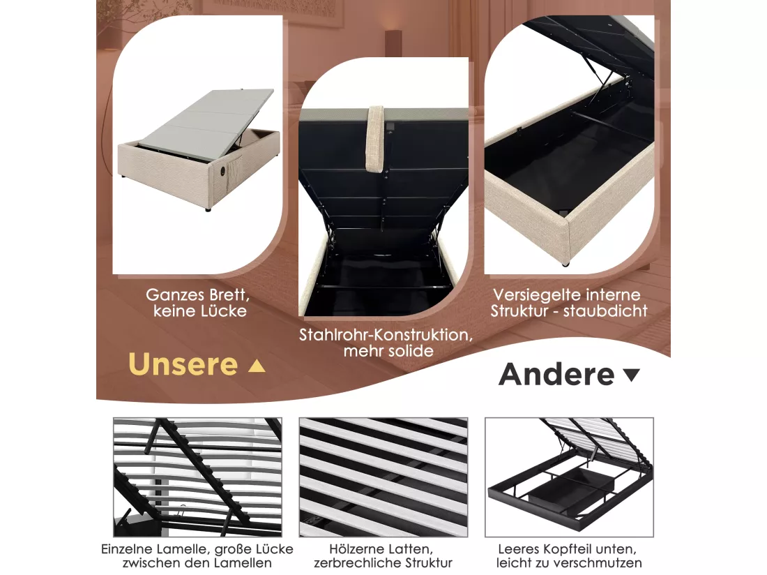 Lit coffre 90 x 200 cm sans tête de lit - 2 poches latérales et prises USB + Type-C - Tissu en lin - Beige (sans matelas)