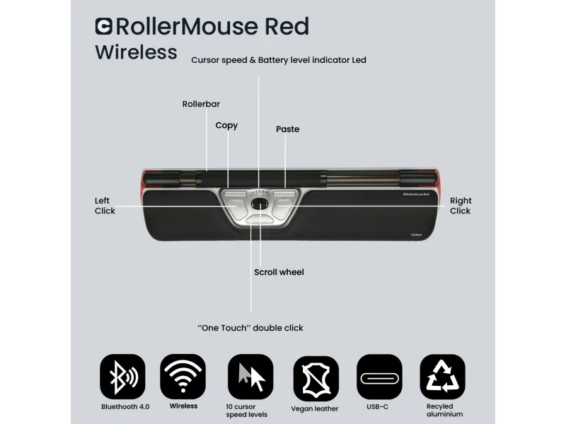 Contour RollerMouse Red - Centreret mus - ergonomisk - 7 knapper - trådløs - Bluetooth