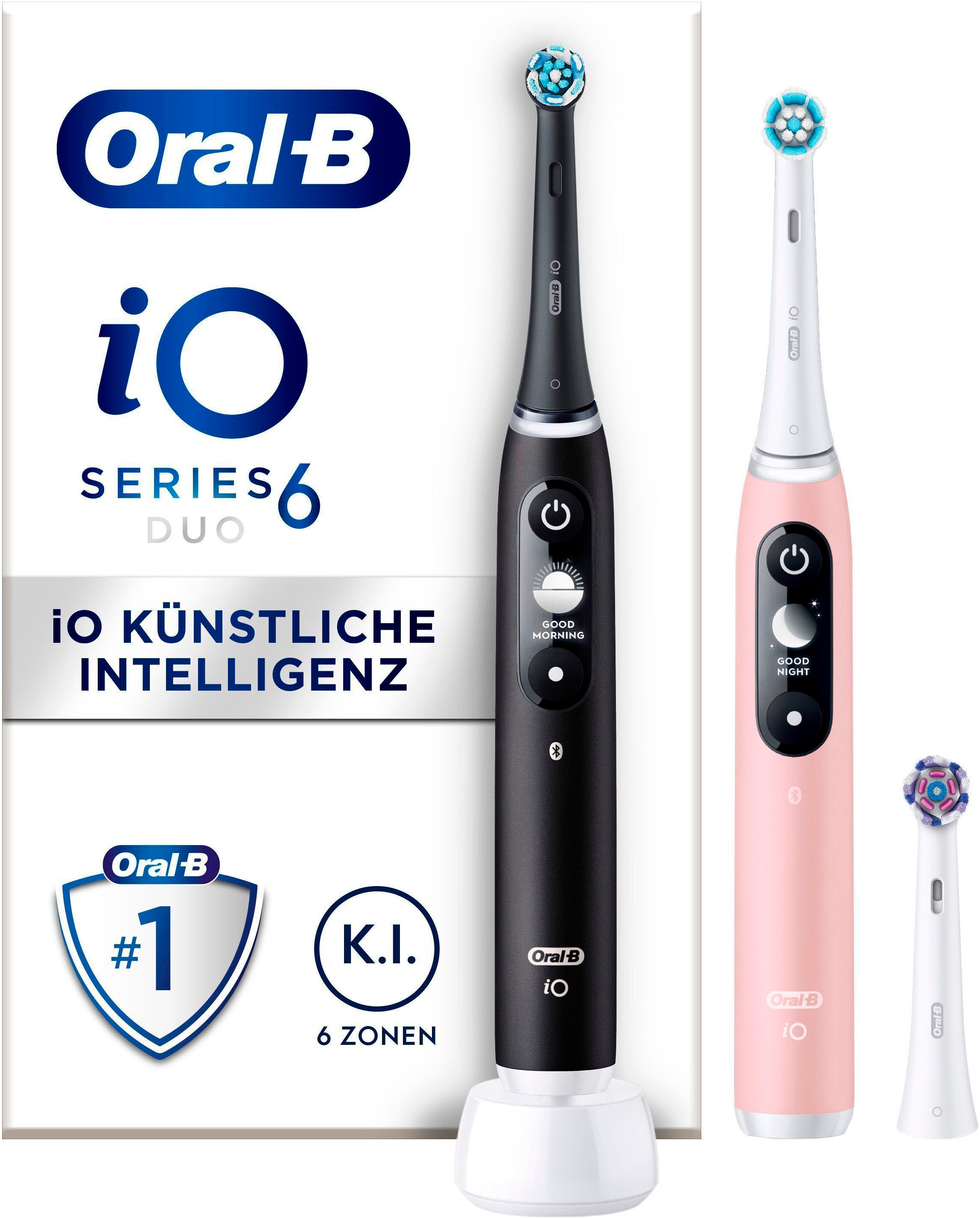 Oral-B Elektrische Zahnbürste »iO 6 Duopack« 3 Stk. Aufsteckbürsten mit Magnet-Technologie, Display, 5 Putzmodi