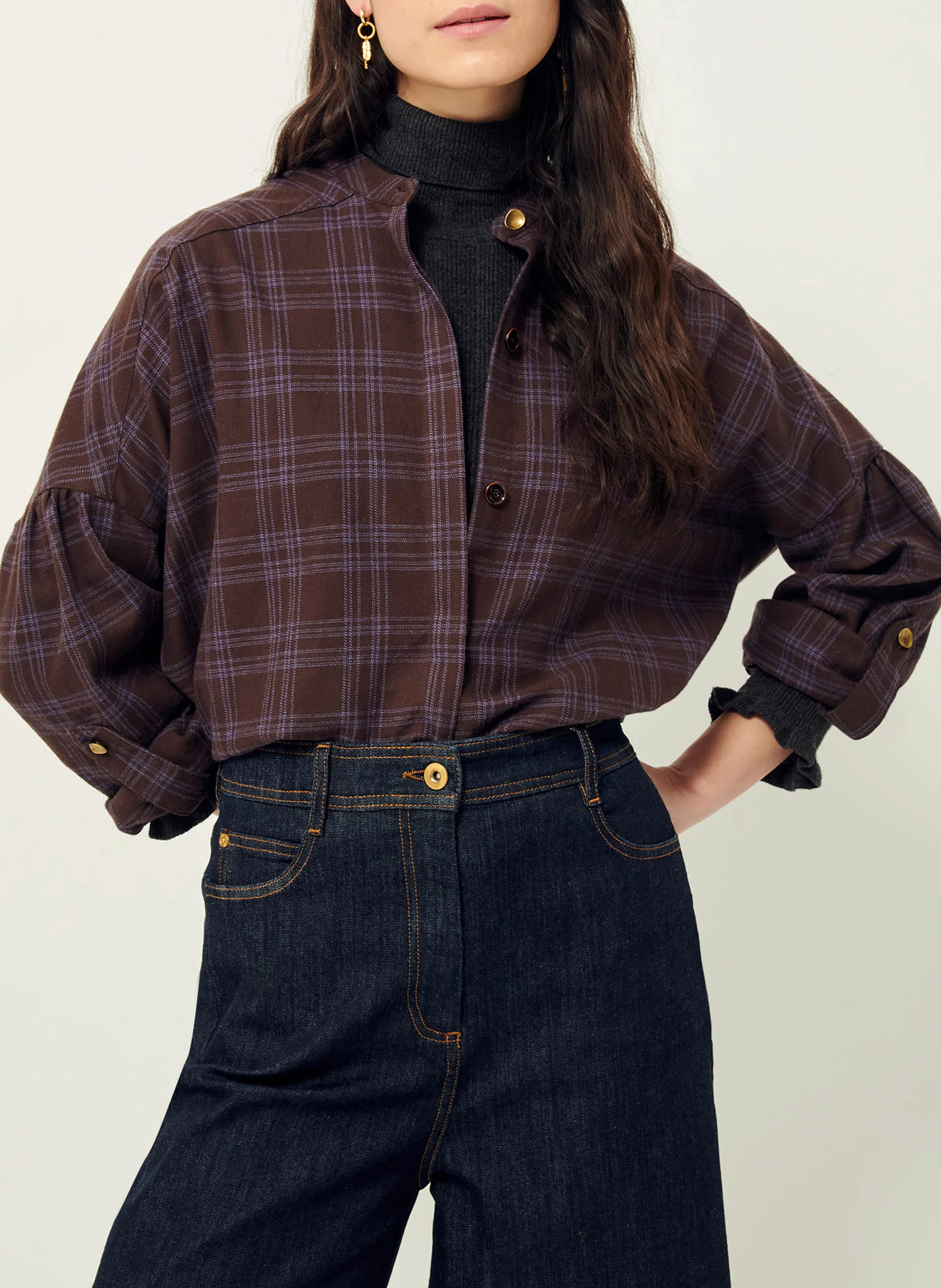 COLOMBELLA - Chemise col rond à carreaux en coton | Marron
