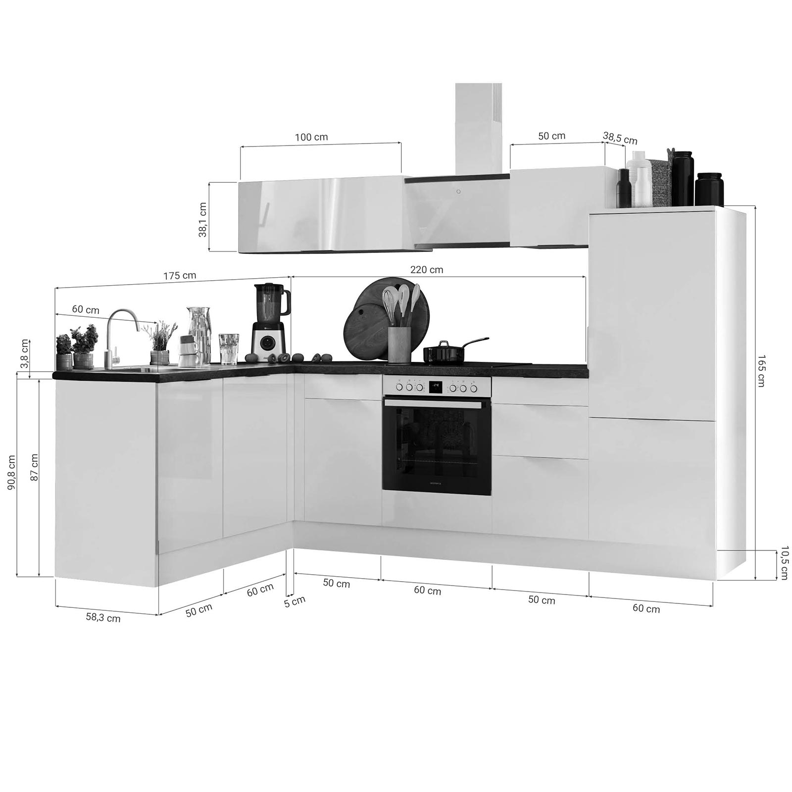 RESPEKTA Winkelküche - Artisan Eiche - weiß matt - mit E-Geräten - 280x175 cm