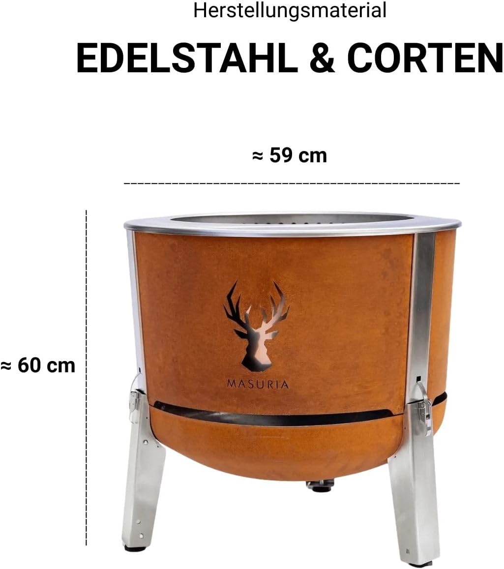 Masuria Rauchfreie Feuerschale 60cm⌀ Alpha 600 - Patentierte Rauchreduzierung bis zu 95% - Hergestellt in EU - Tragbare Feuertonne aus Edelstahl - Verstellbare Beine - große Ascheschublade - Corten