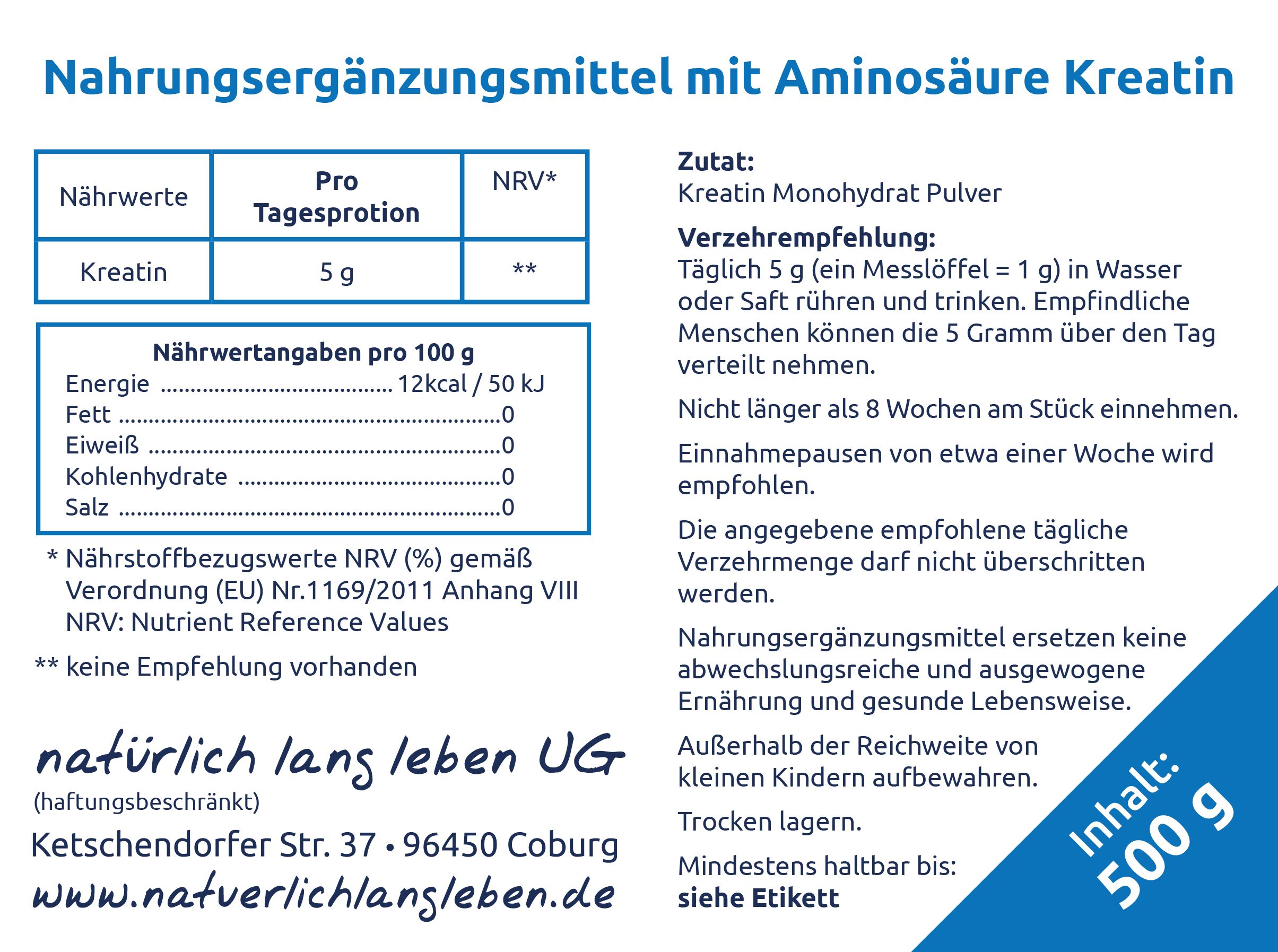 natürlich lang leben Kreatin Monohydrat