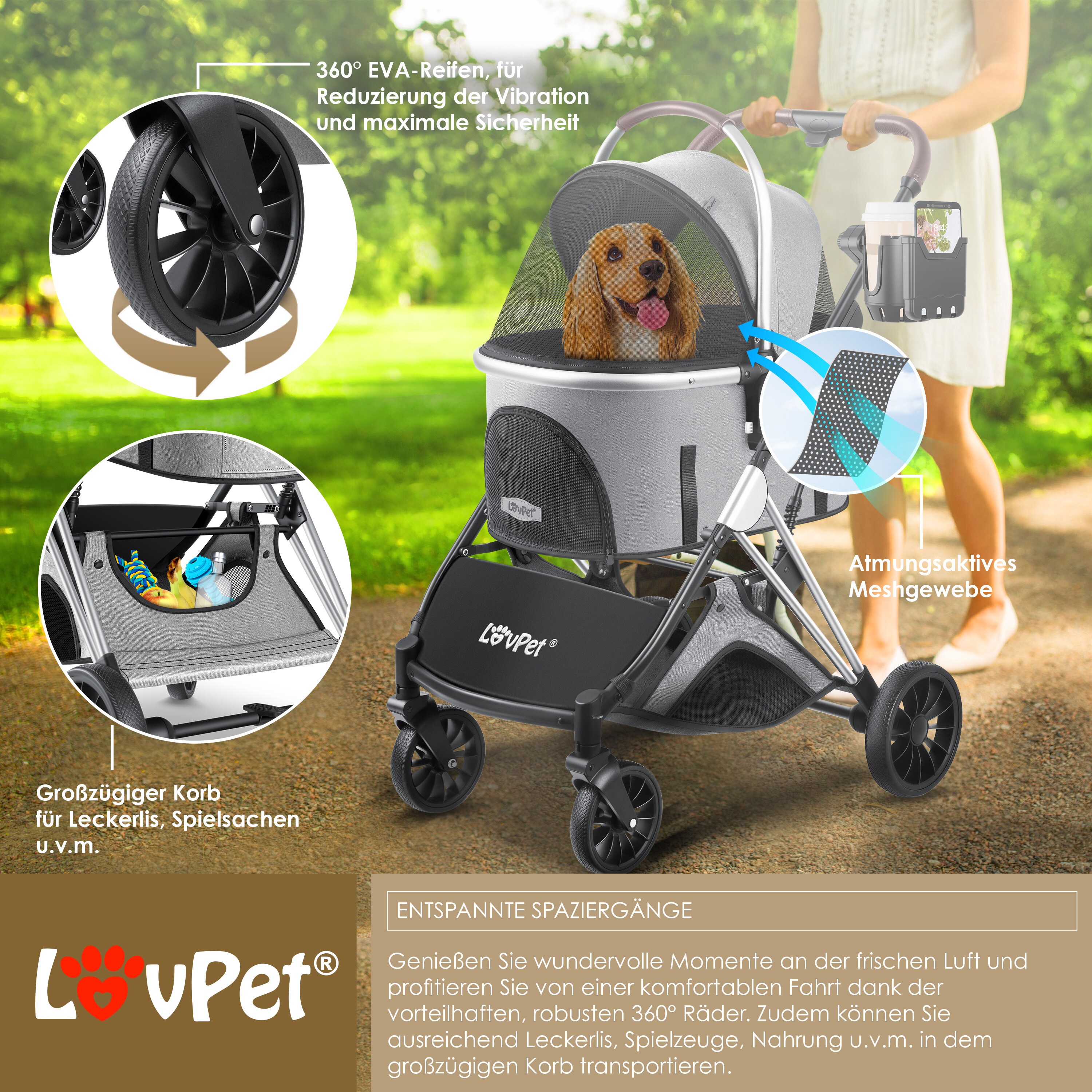 LOVPET® Hundewagen 3in1 Hundebuggy Hundebox Transporttasche 360° Große Räder Faltbar klappbar Haustiere Buggy mit Netzfenstern & Regenschutzabdeckung Jogger Katzenbuggy für kleine Hunde Katzen