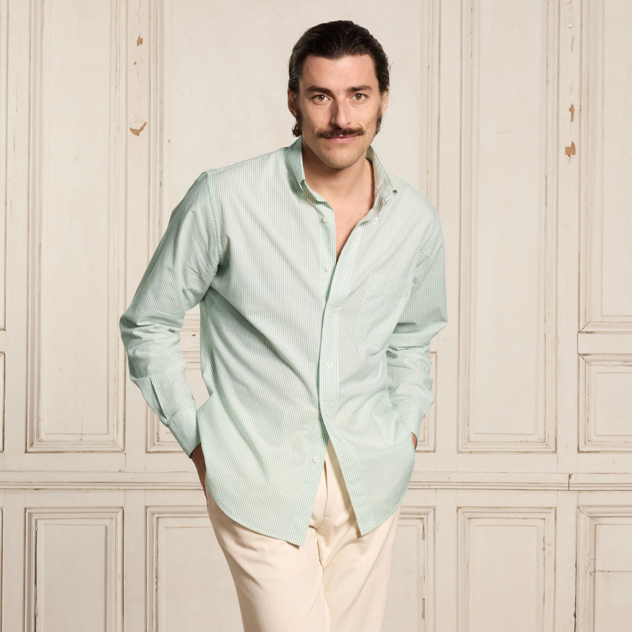 Green striped poplin shirt