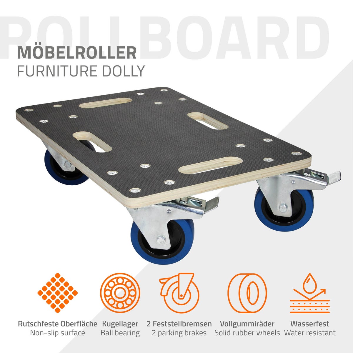 ECD Duitsland Transport Dolly met 2x parkeerremmen 35 x 50 cm tot 800 kg Zeefdrukplaat - PP wielen Dolly Meubel Dolly Transporthulp voor het verplaatsen van meubels Transport Meubel Hondenkar Roller Transporter